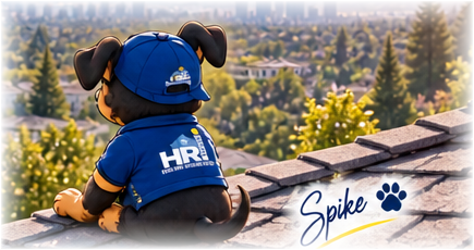 Spike looking over a roof and neighborhood